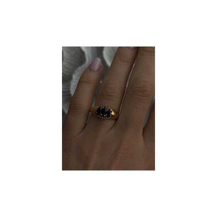 925 Sterling Silver Gold Plated Dark Blue Sapphire & Diamond Ring Size 7.5