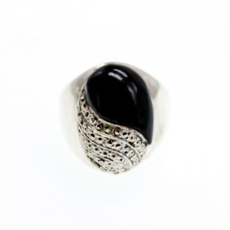 Vintage 925 Sterling Silver Black Jade & Marcasites Ring Size 8.5