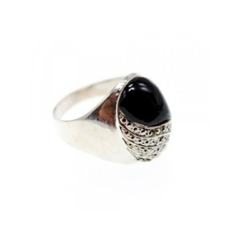 Vintage 925 Sterling Silver Black Jade & Marcasites Ring Size 8.5
