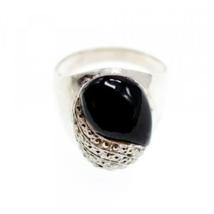 Vintage 925 Sterling Silver Black Jade & Marcasites Ring Size 8.5
