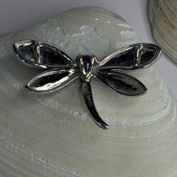 925 Sterling Silver Dragonfly Amethyst & Cz Pendant Length 1 Inch