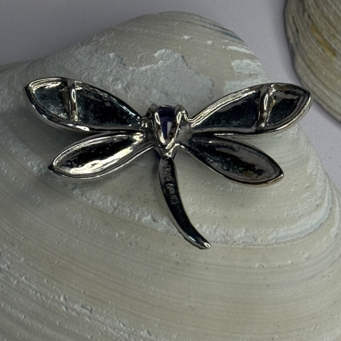 925 Sterling Silver Dragonfly Amethyst & Cz Pendant Length 1 Inch