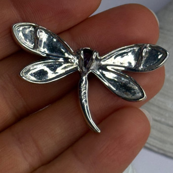 925 Sterling Silver Dragonfly Amethyst & Cz Pendant Length 1 Inch