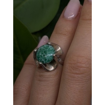 Vintage 925 Sterling Silver Green Peking Glass Stone Ring Size 6