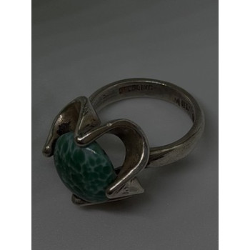 Vintage 925 Sterling Silver Green Peking Glass Stone Ring Size 6
