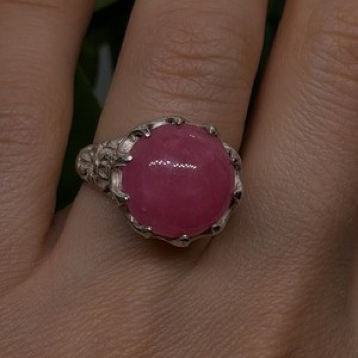 925 Sterling Silver Pink Agate Flower Ring Size 7.5