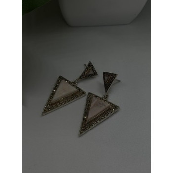 Vintage Elegant 925 Sterling Silver Pink Mother of Pearl & Marcasite Earrings