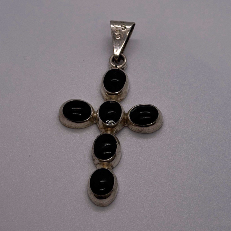 Vintage 925 Sterling Silver Black Onyx Cross