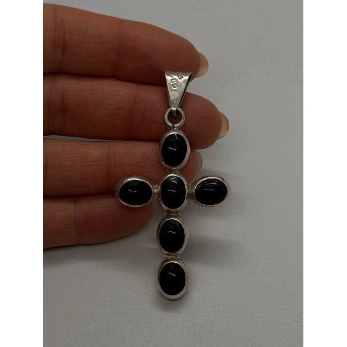 Vintage 925 Sterling Silver Black Onyx Cross