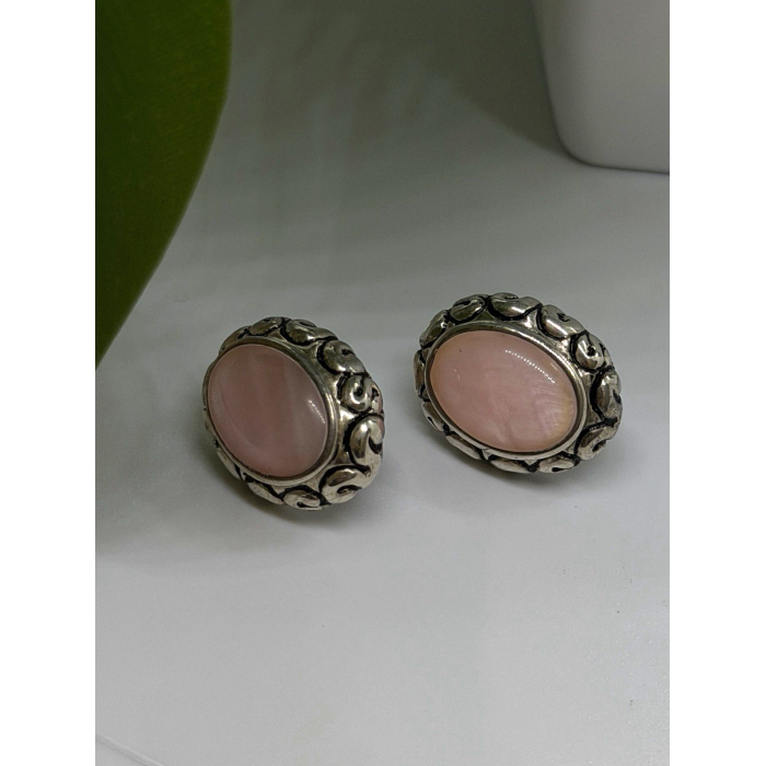 Southwest-Style 925 Sterling Silver Pink Conch Shell Oval Clip-On Earrings