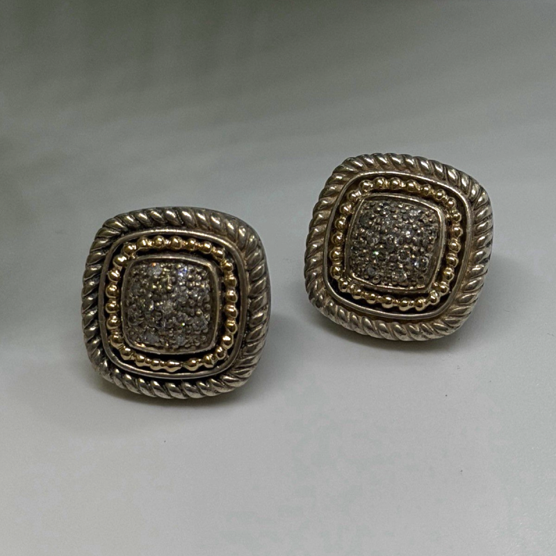 Vintage 14K yellow Gold & 925 Sterling Silver White Colorless Sapphire Earrings