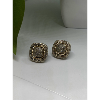 Vintage 14K yellow Gold & 925 Sterling Silver White Colorless Sapphire Earrings