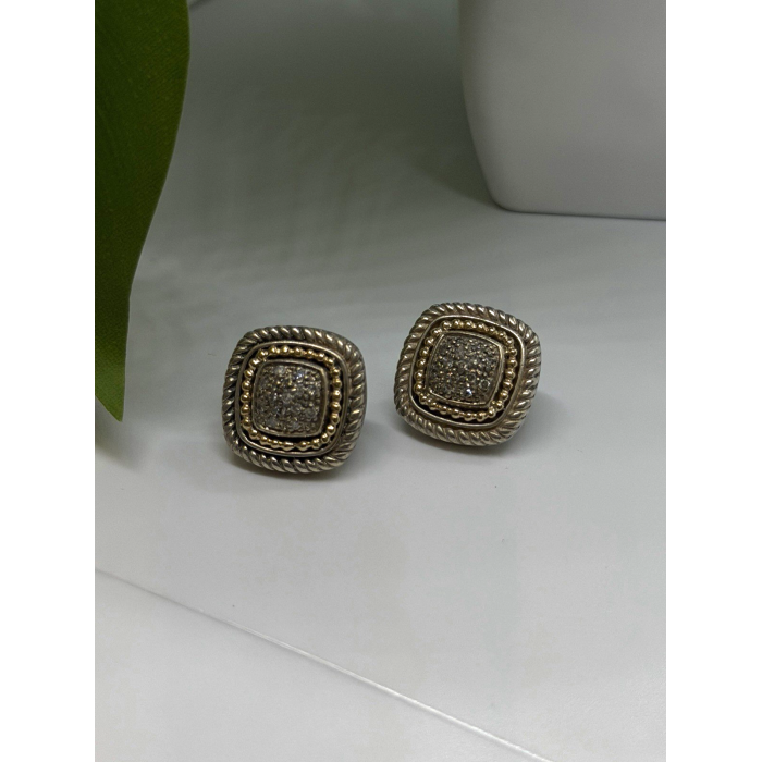 Vintage 14K yellow Gold & 925 Sterling Silver White Colorless Sapphire Earrings