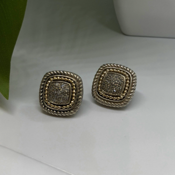 Vintage 14K yellow Gold & 925 Sterling Silver White Colorless Sapphire Earrings