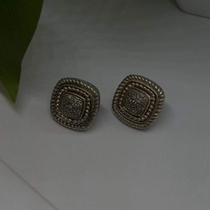 Vintage 14K yellow Gold & 925 Sterling Silver White Colorless Sapphire Earrings