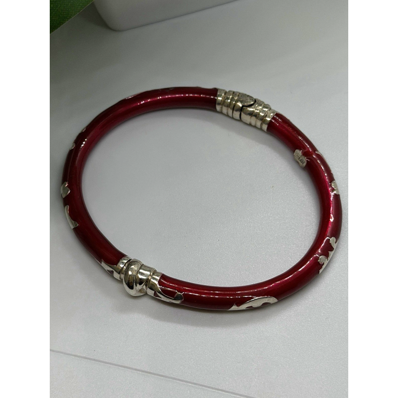 Italy Milor Vintage 925 Sterling Silver Bangle Bracelet Red Enamel Inlay