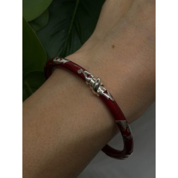 Italy Milor Vintage 925 Sterling Silver Bangle Bracelet Red Enamel Inlay