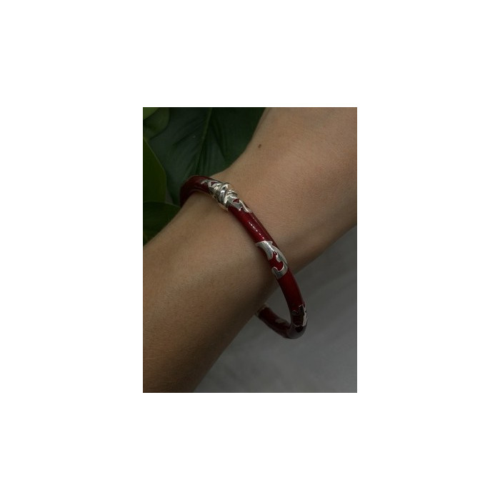 Italy Milor Vintage 925 Sterling Silver Bangle Bracelet Red Enamel Inlay