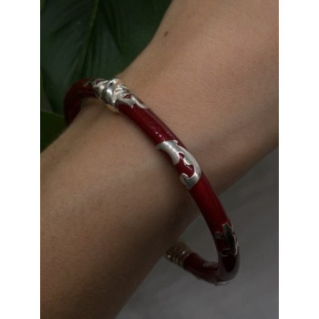 Italy Milor Vintage 925 Sterling Silver Bangle Bracelet Red Enamel Inlay