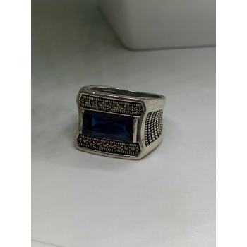 HarlemBling 925 Sterling Silver Sapphire & Marcasite Ring Size 8