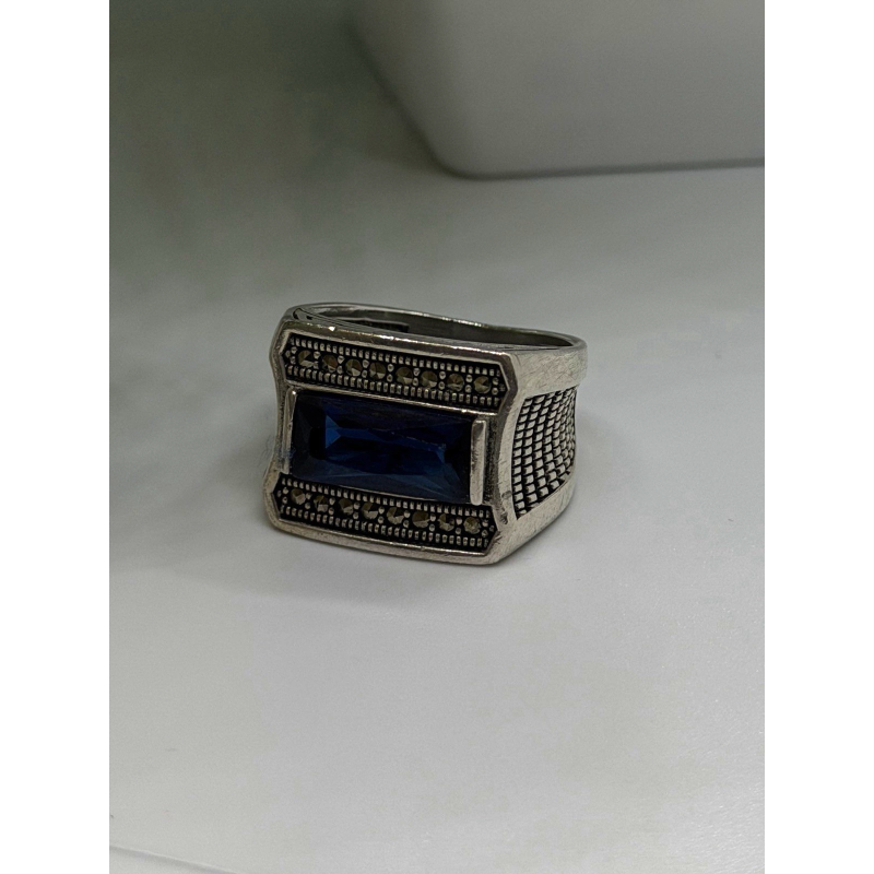 HarlemBling 925 Sterling Silver Sapphire & Marcasite Ring Size 8
