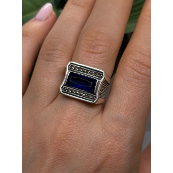 HarlemBling 925 Sterling Silver Sapphire & Marcasite Ring Size 8