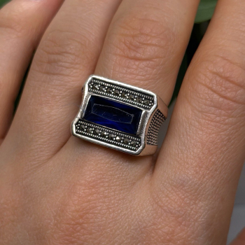 HarlemBling 925 Sterling Silver Sapphire & Marcasite Ring Size 8