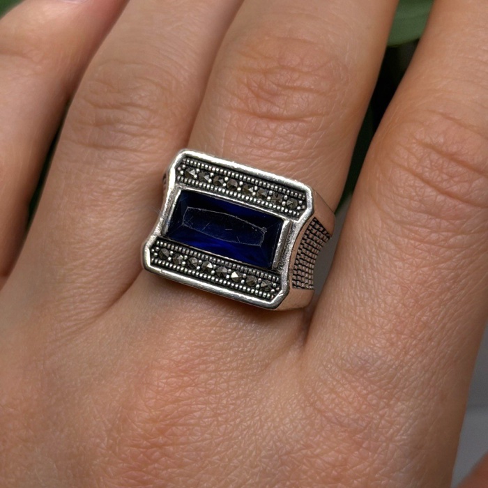 HarlemBling 925 Sterling Silver Sapphire & Marcasite Ring Size 8