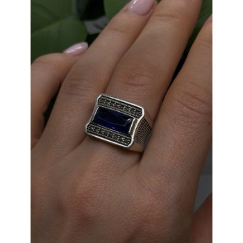 HarlemBling 925 Sterling Silver Sapphire & Marcasite Ring Size 8