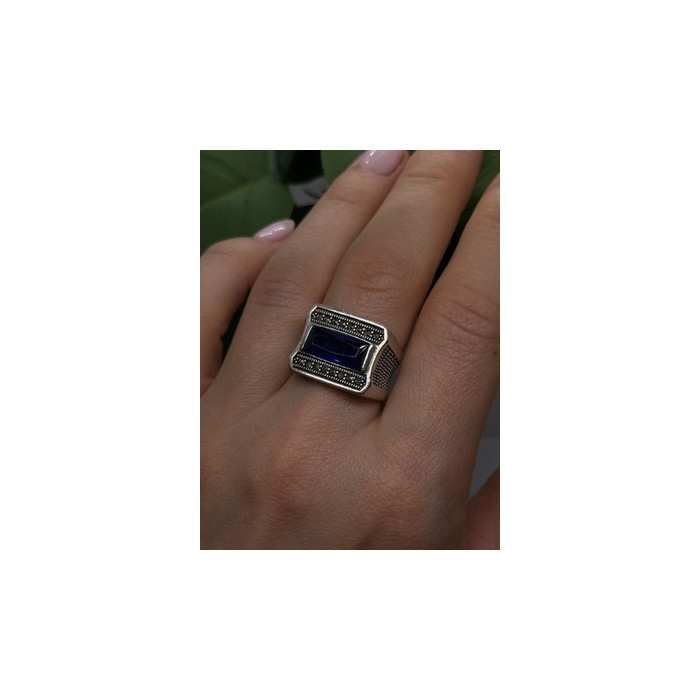 HarlemBling 925 Sterling Silver Sapphire & Marcasite Ring Size 8