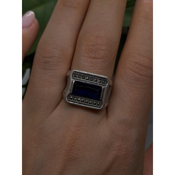 HarlemBling 925 Sterling Silver Sapphire & Marcasite Ring Size 8