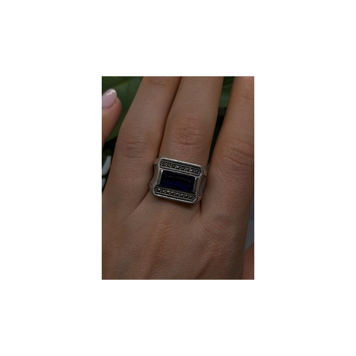 HarlemBling 925 Sterling Silver Sapphire & Marcasite Ring Size 8