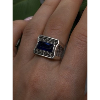 HarlemBling 925 Sterling Silver Sapphire & Marcasite Ring Size 8