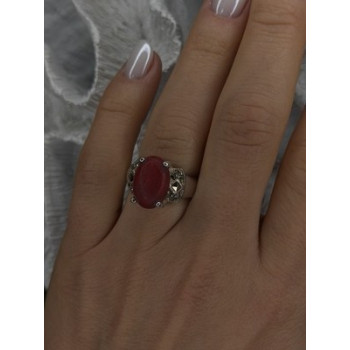 Vintage 925 Sterling Silver Red Jade & Marcasite Ring Size 6.5