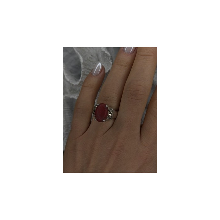 Vintage 925 Sterling Silver Red Jade & Marcasite Ring Size 6.5