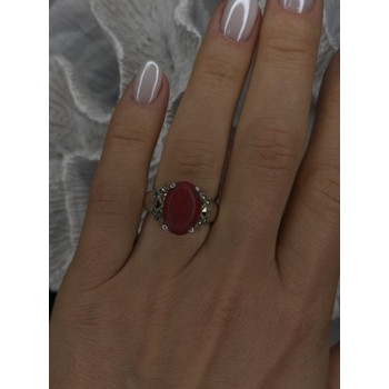 Vintage 925 Sterling Silver Red Jade & Marcasite Ring Size 6.5