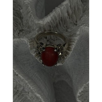 Vintage 925 Sterling Silver Red Jade & Marcasite Ring Size 6.5