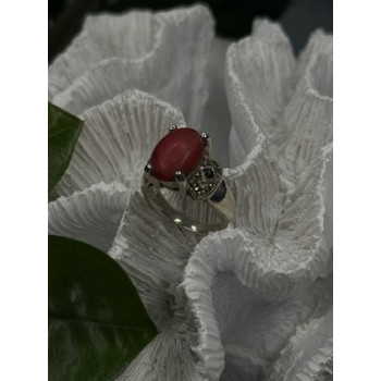 Vintage 925 Sterling Silver Red Jade & Marcasite Ring Size 6.5