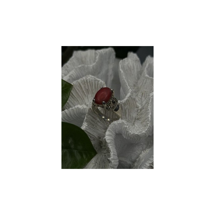 Vintage 925 Sterling Silver Red Jade & Marcasite Ring Size 6.5