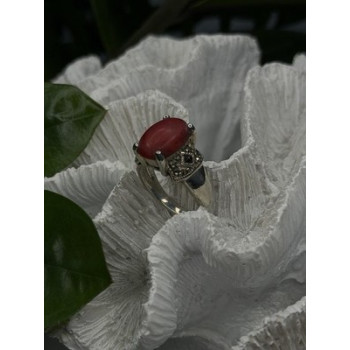 Vintage 925 Sterling Silver Red Jade & Marcasite Ring Size 6.5