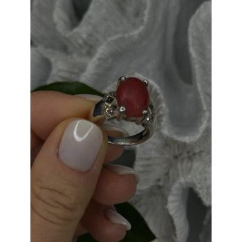 Vintage 925 Sterling Silver Red Jade & Marcasite Ring Size 6.5