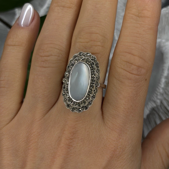 Elegant Vintage 925 Sterling Silver White Abalone & Marcasite Ring Size 9