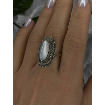 Elegant Vintage 925 Sterling Silver White Abalone & Marcasite Ring Size 9