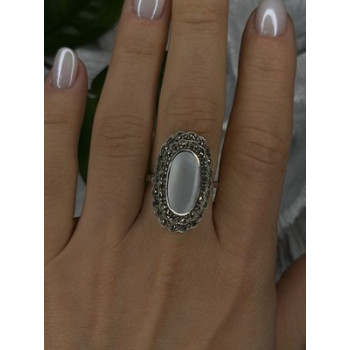 Elegant Vintage 925 Sterling Silver White Abalone & Marcasite Ring Size 9