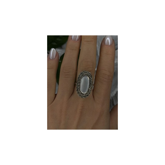 Elegant Vintage 925 Sterling Silver White Abalone & Marcasite Ring Size 9