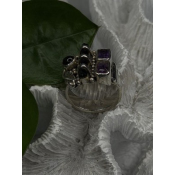 Unique Design Vintage 925 Sterling Silver Amethyst & Onyx & Peridot Ring Size 7