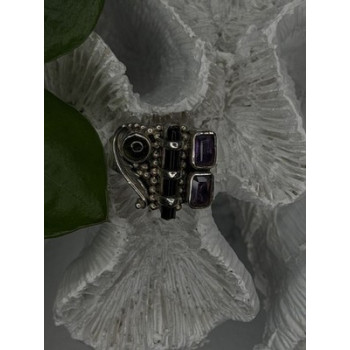 Unique Design Vintage 925 Sterling Silver Amethyst & Onyx & Peridot Ring Size 7