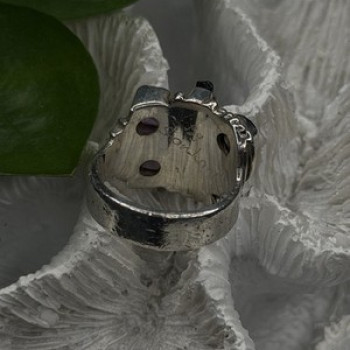 Unique Design Vintage 925 Sterling Silver Amethyst & Onyx & Peridot Ring Size 7