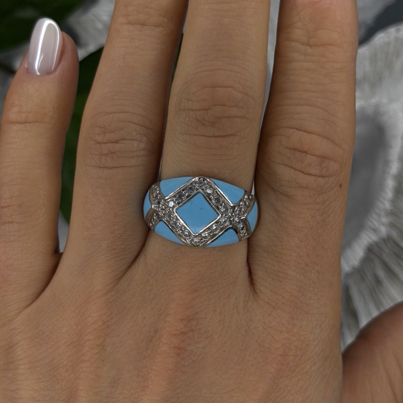 925 Sterling Silver Blue Turquoise & White Colorless Beryl Ring Size 9