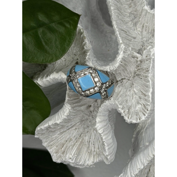 925 Sterling Silver Blue Turquoise & White Colorless Beryl Ring Size 9